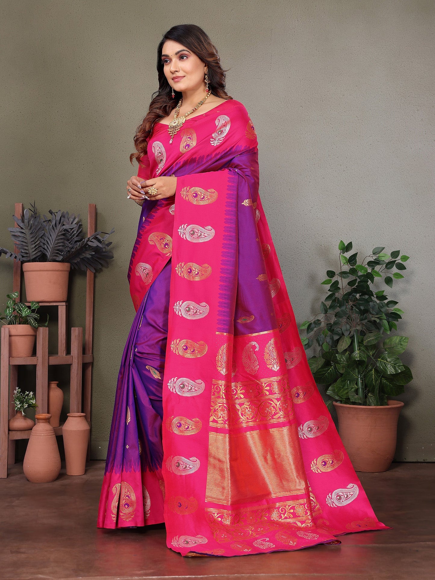 Elora Purple Soft Silk Silver And Golden Zari Weaving Banarasi Saree With Paisley Zari Work Border