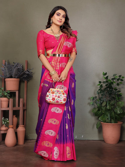 Elora Purple Soft Silk Silver And Golden Zari Weaving Banarasi Saree With Paisley Zari Work Border