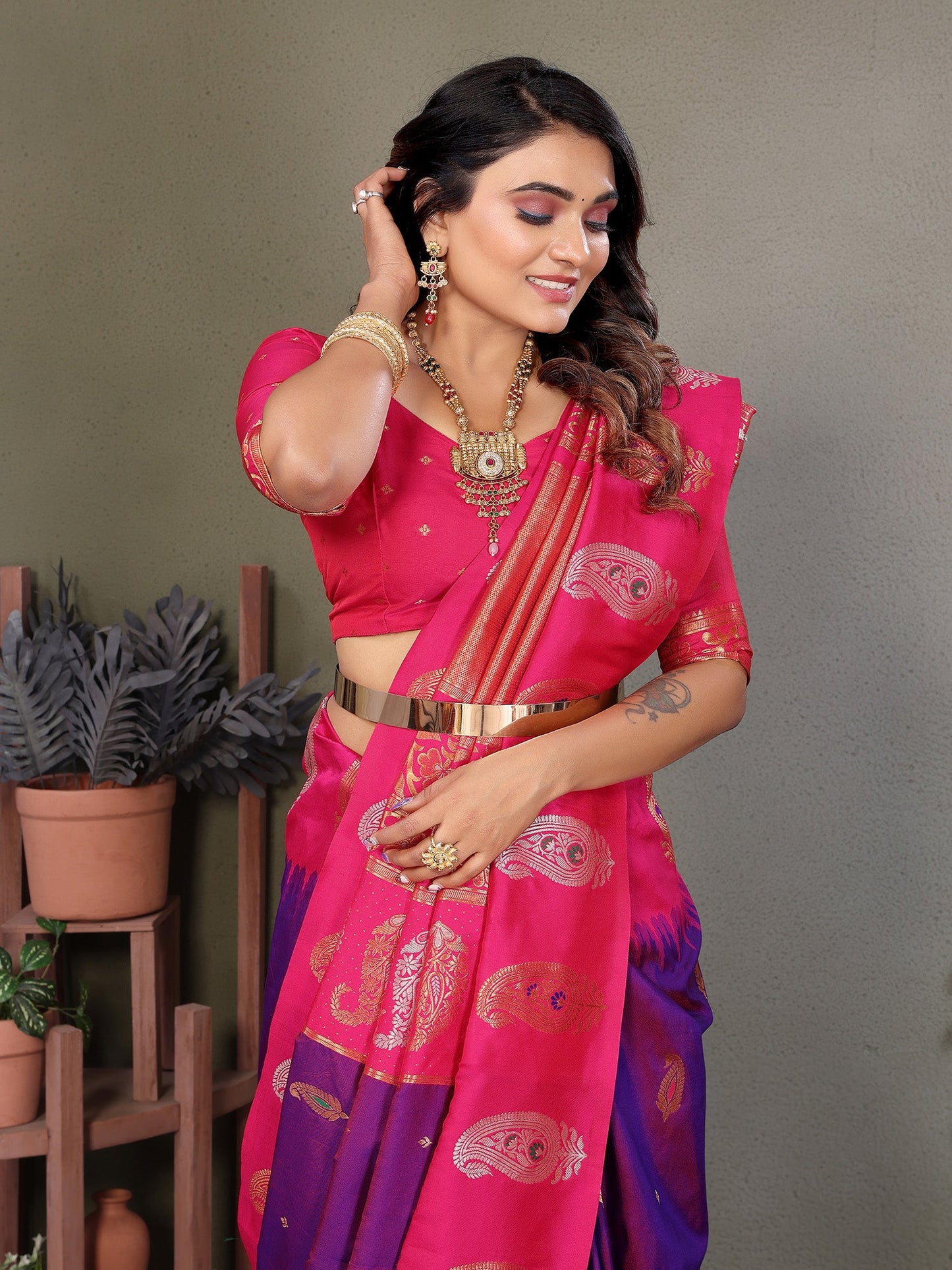 Elora Purple Soft Silk Silver And Golden Zari Weaving Banarasi Saree With Paisley Zari Work Border