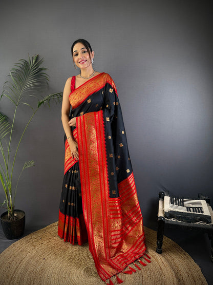 Elora Black Soft Silk Small Butti Zari Weaving Banarasi Saree With Woven Designer Saree