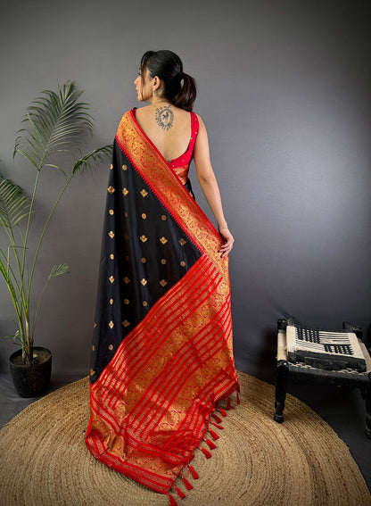 Elora Black Soft Silk Small Butti Zari Weaving Banarasi Saree With Woven Designer Saree