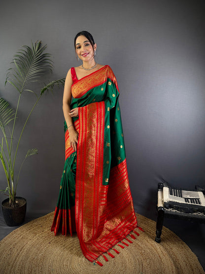 Elora Green Soft Silk Small Butti Zari Weaving Banarasi Saree With Woven Designer Saree