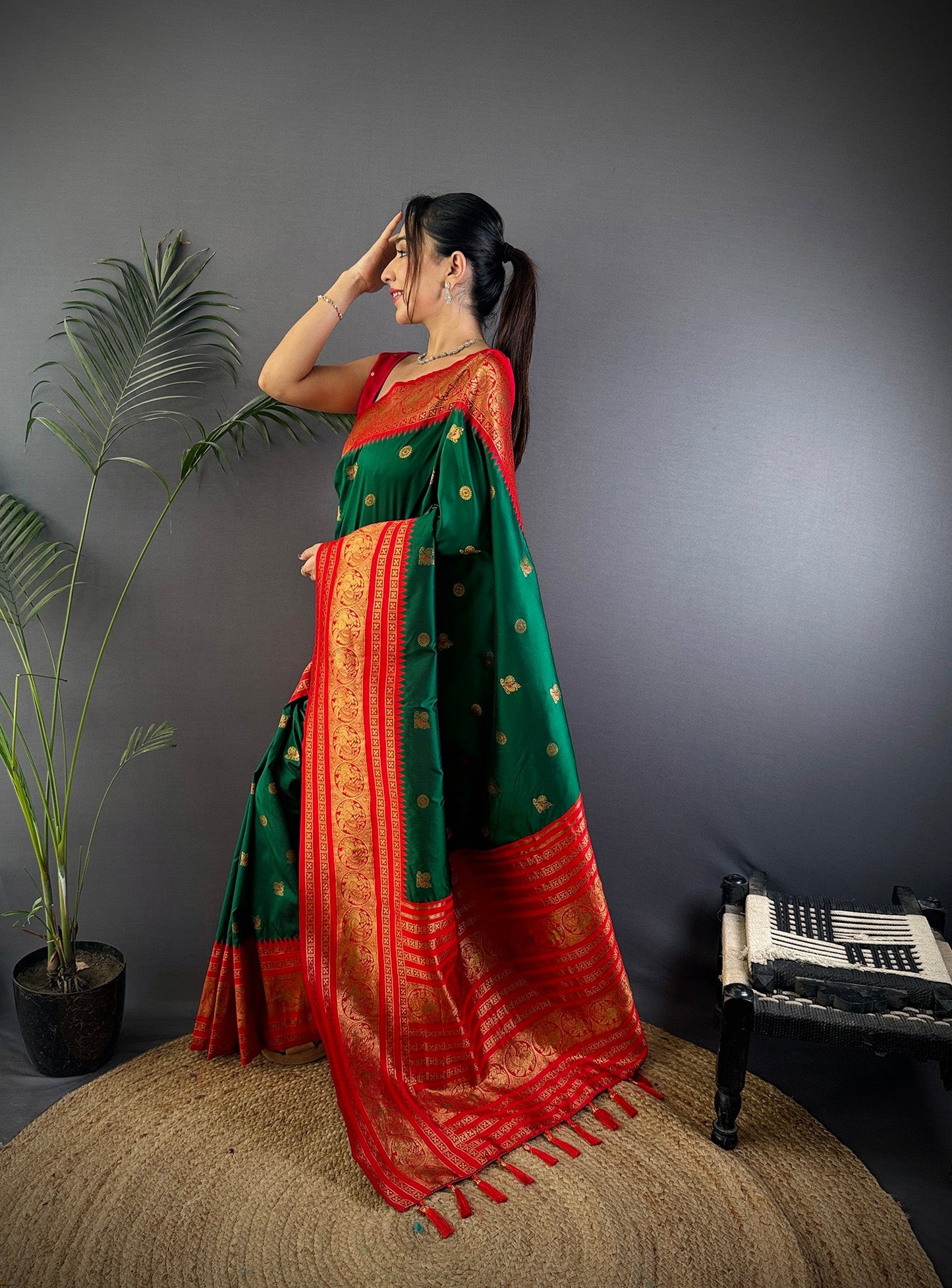 Elora Green Soft Silk Small Butti Zari Weaving Banarasi Saree With Woven Designer Saree