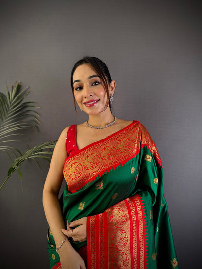 Elora Green Soft Silk Small Butti Zari Weaving Banarasi Saree With Woven Designer Saree