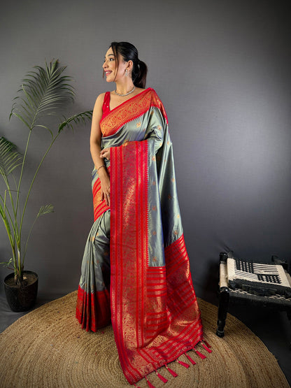 Elora Grey Soft Silk Small Butti Zari Weaving Banarasi Saree With Woven Designer Saree