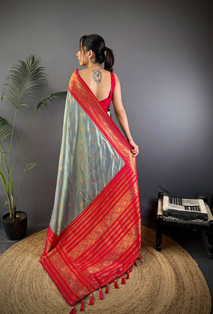 Elora Grey Soft Silk Small Butti Zari Weaving Banarasi Saree With Woven Designer Saree