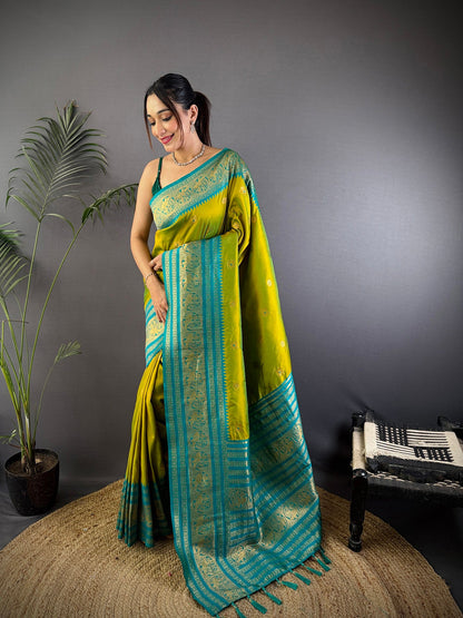 Elora Light Green Soft Silk Small Butti Zari Weaving Banarasi Saree With Woven Designer Saree