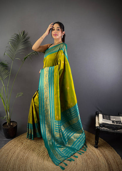 Elora Light Green Soft Silk Small Butti Zari Weaving Banarasi Saree With Woven Designer Saree