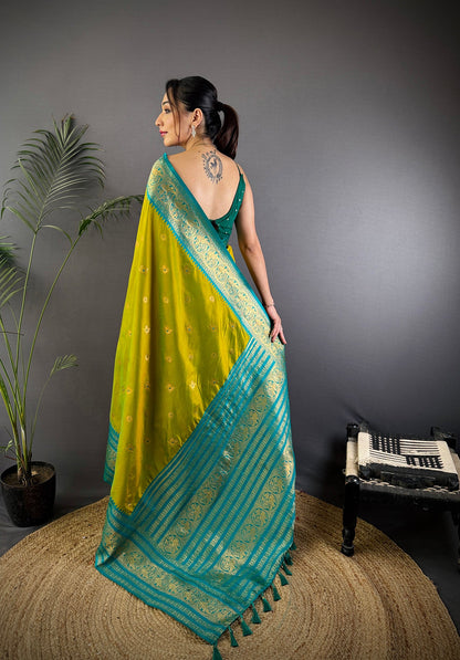 Elora Light Green Soft Silk Small Butti Zari Weaving Banarasi Saree With Woven Designer Saree
