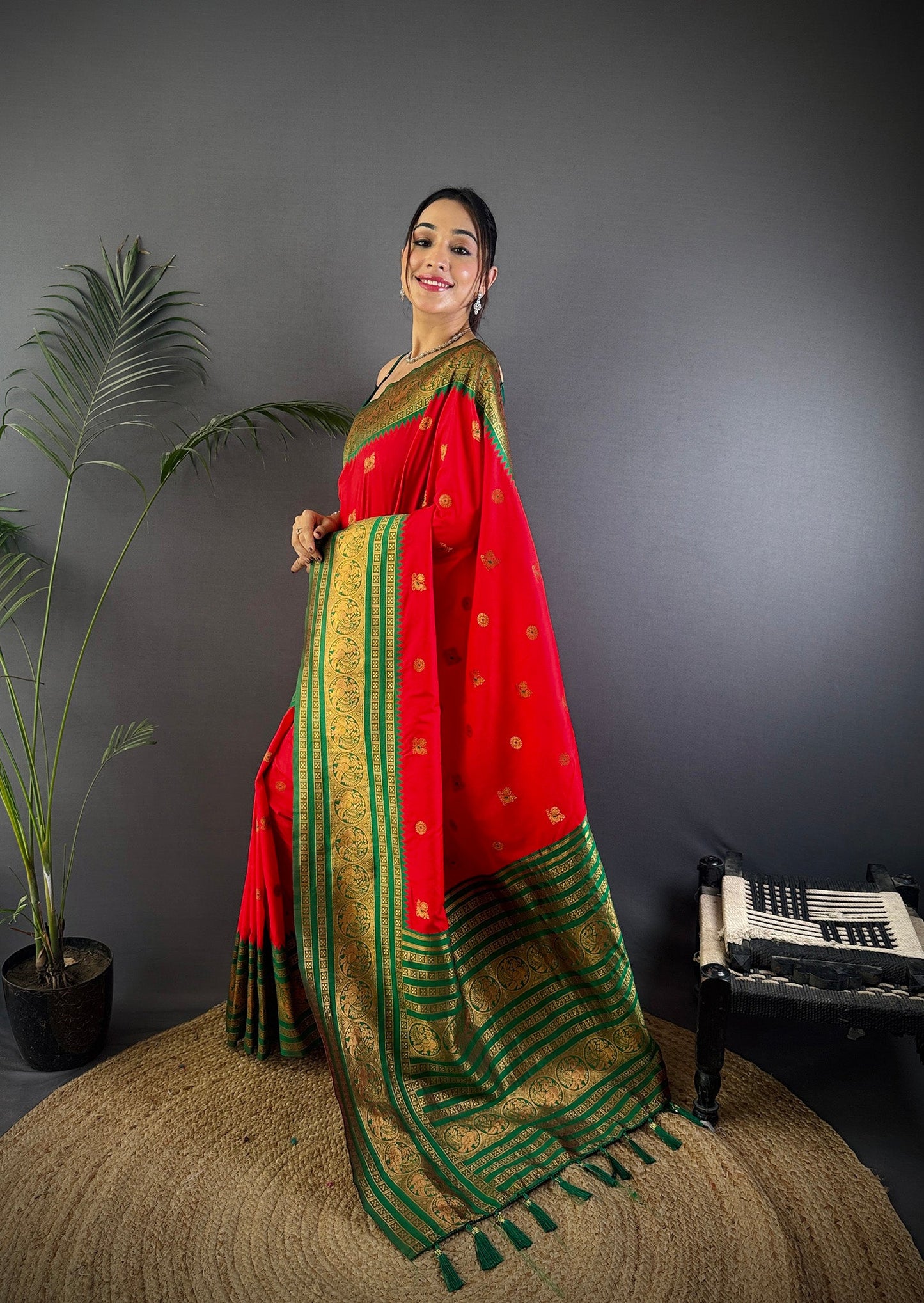 Elora Red Soft Silk Small Butti Zari Weaving Banarasi Saree With Woven Designer Saree