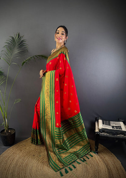 Elora Red Soft Silk Small Butti Zari Weaving Banarasi Saree With Woven Designer Saree