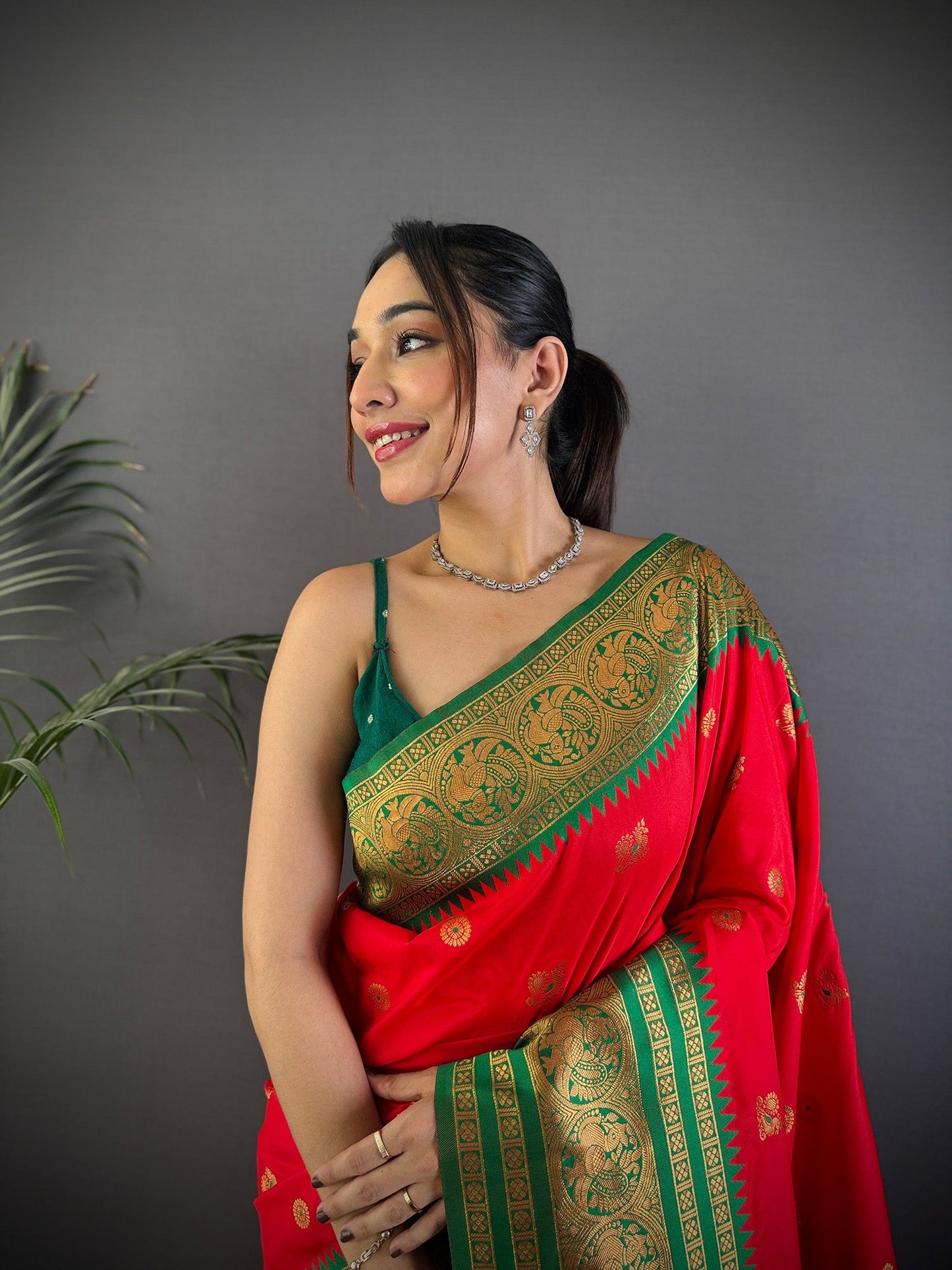 Elora Red Soft Silk Small Butti Zari Weaving Banarasi Saree With Woven Designer Saree
