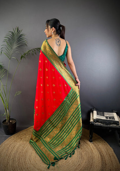Elora Red Soft Silk Small Butti Zari Weaving Banarasi Saree With Woven Designer Saree