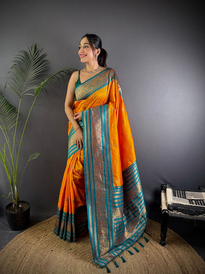 Elora Orange Soft Silk Small Butti Zari Weaving Banarasi Saree With Woven Designer Saree
