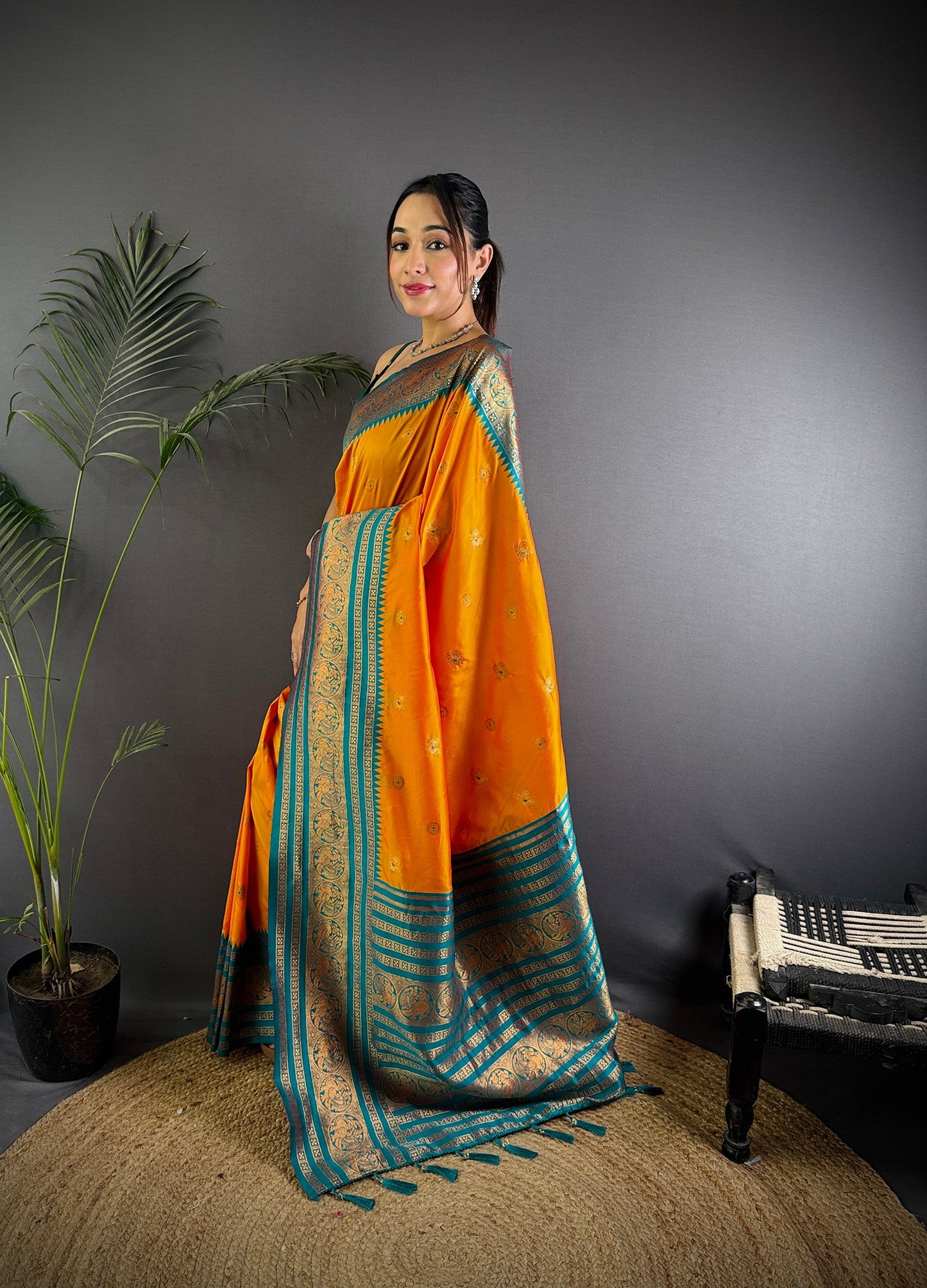 Elora Orange Soft Silk Small Butti Zari Weaving Banarasi Saree With Woven Designer Saree