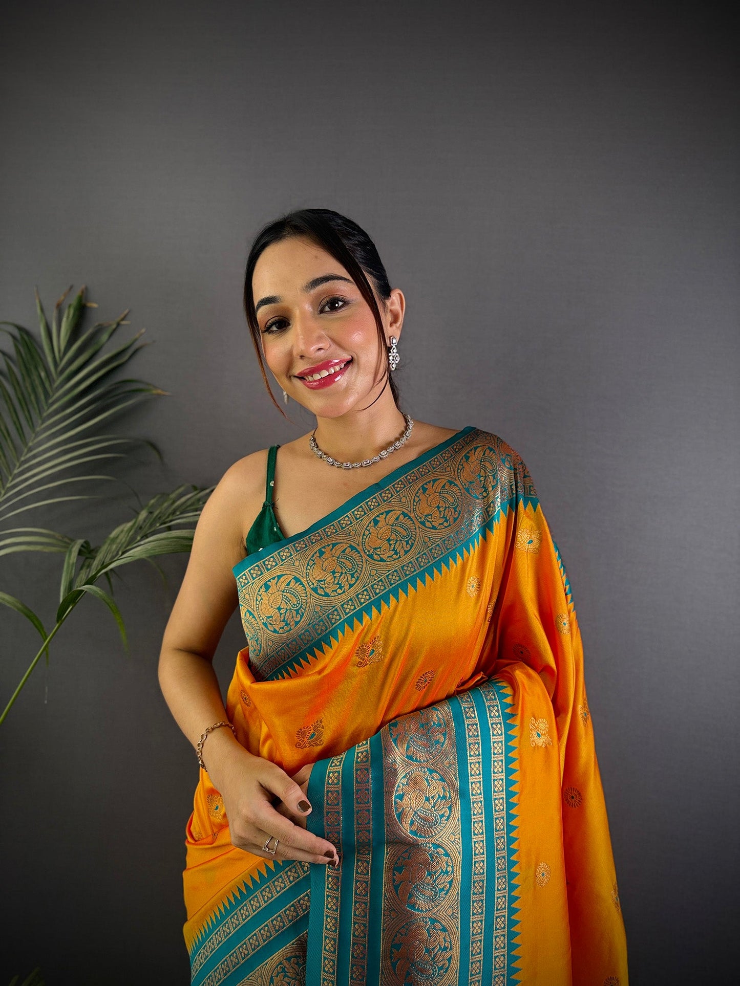 Elora Orange Soft Silk Small Butti Zari Weaving Banarasi Saree With Woven Designer Saree