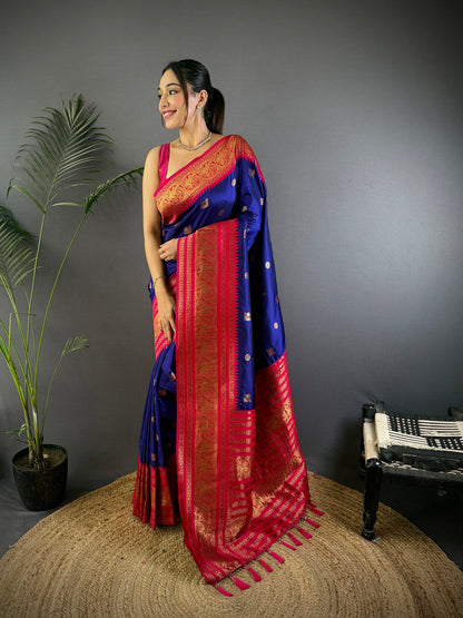 Elora Navy Blue Soft Silk Small Butti Zari Weaving Banarasi Saree With Woven Designer Saree