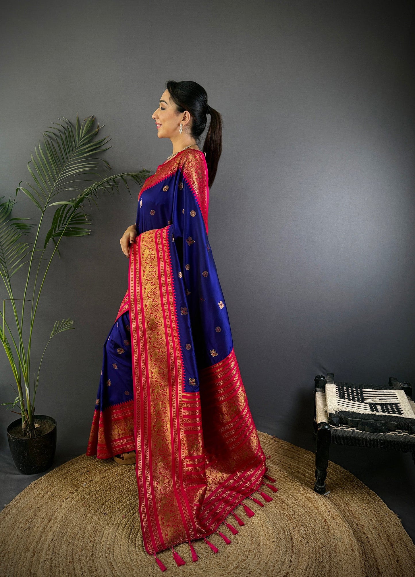 Elora Navy Blue Soft Silk Small Butti Zari Weaving Banarasi Saree With Woven Designer Saree