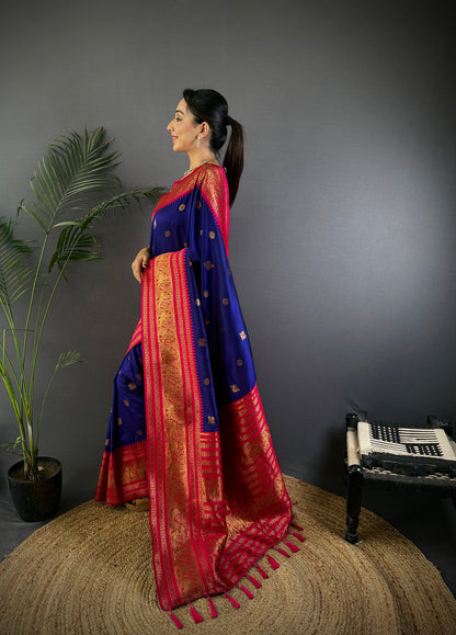 Elora Navy Blue Soft Silk Small Butti Zari Weaving Banarasi Saree With Woven Designer Saree