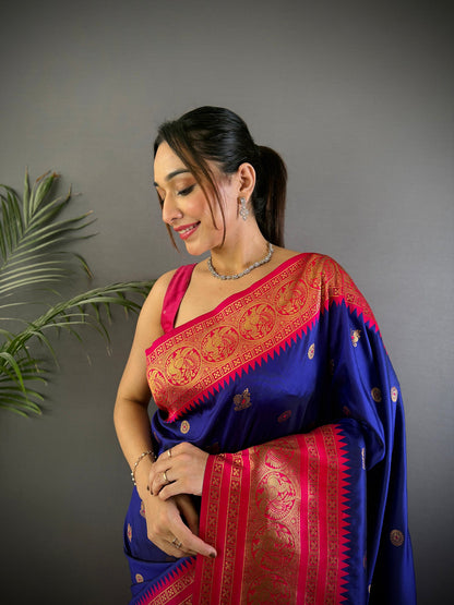 Elora Navy Blue Soft Silk Small Butti Zari Weaving Banarasi Saree With Woven Designer Saree