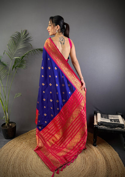 Elora Navy Blue Soft Silk Small Butti Zari Weaving Banarasi Saree With Woven Designer Saree