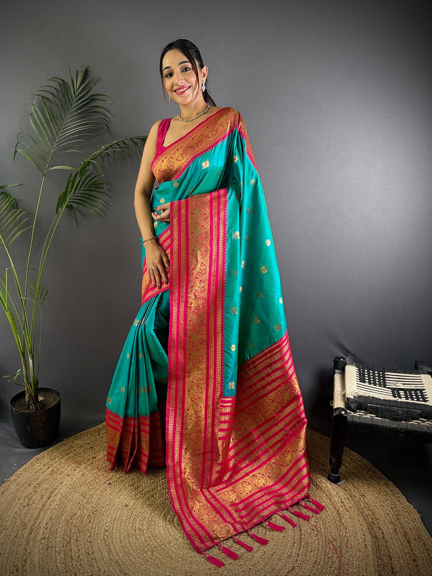 Elora Turquoise Soft Silk Small Butti Zari Weaving Banarasi Saree With Woven Designer Saree