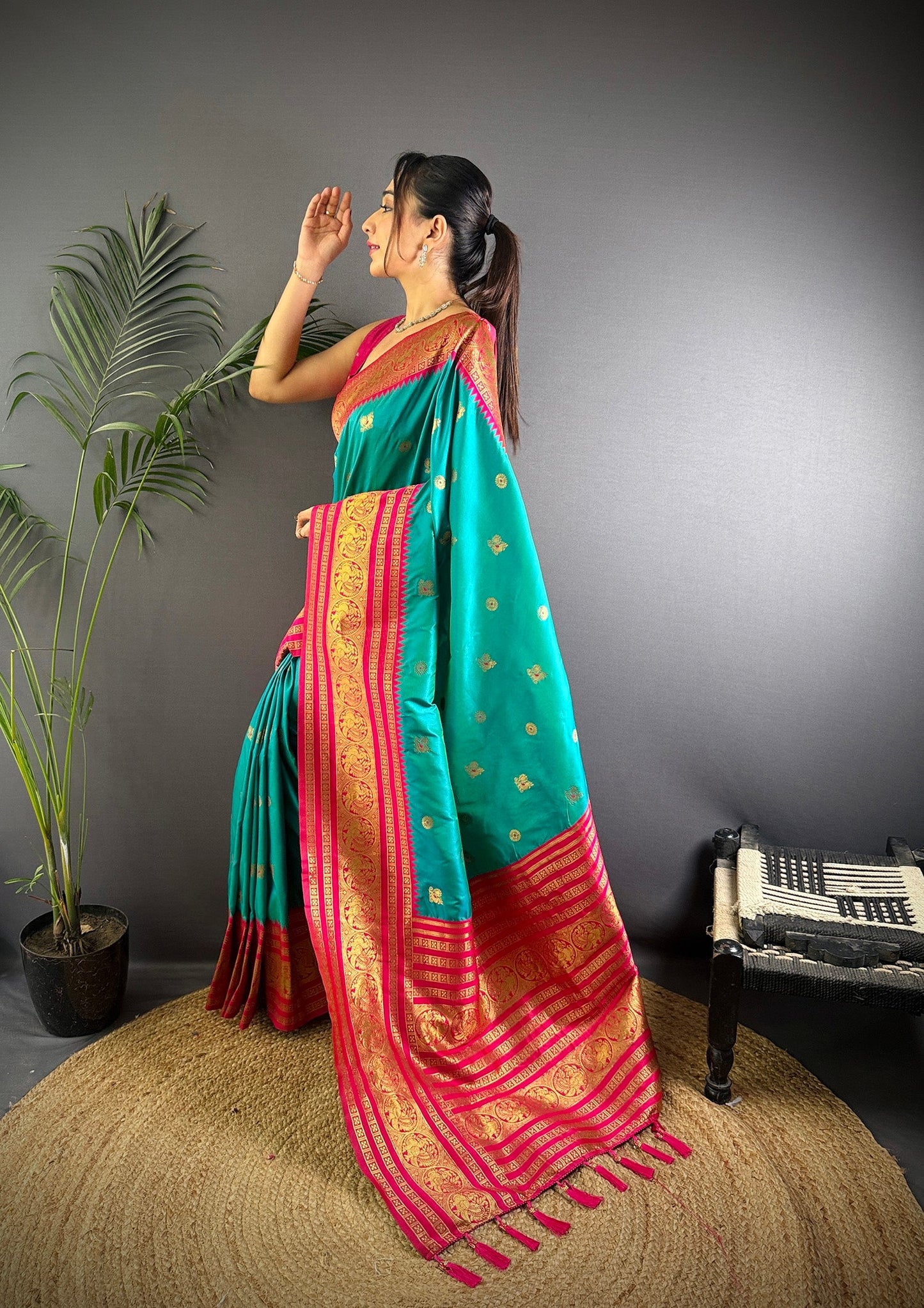 Elora Turquoise Soft Silk Small Butti Zari Weaving Banarasi Saree With Woven Designer Saree