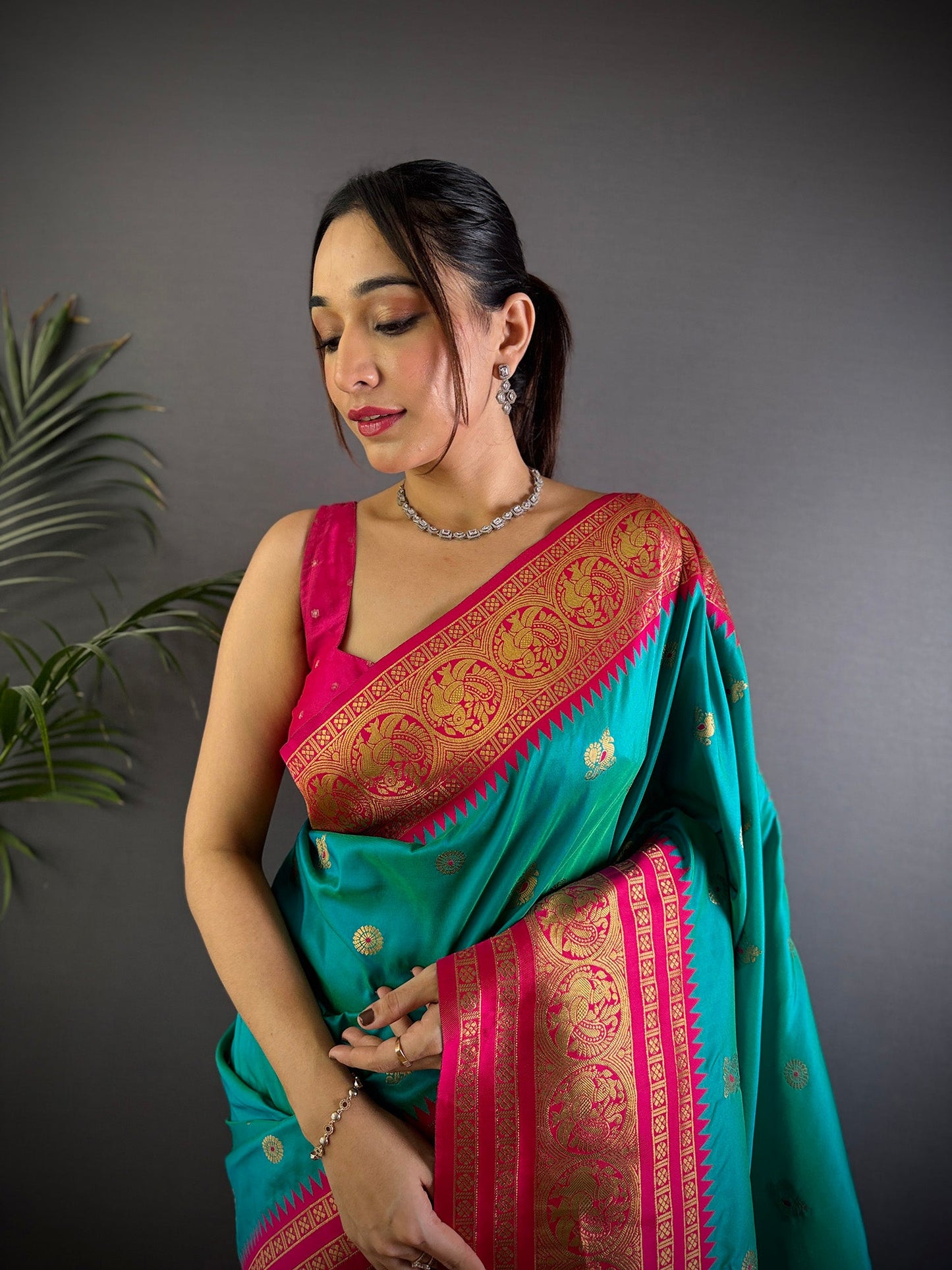 Elora Turquoise Soft Silk Small Butti Zari Weaving Banarasi Saree With Woven Designer Saree
