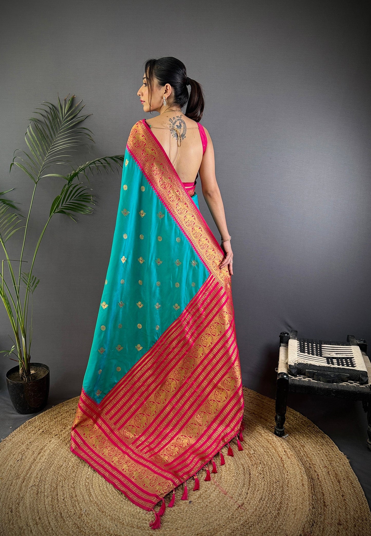 Elora Turquoise Soft Silk Small Butti Zari Weaving Banarasi Saree With Woven Designer Saree