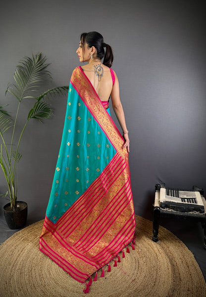 Elora Turquoise Soft Silk Small Butti Zari Weaving Banarasi Saree With Woven Designer Saree