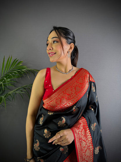 Elora Black Soft Silk Woven Butta Weaving Banarasi With Heavy Zari Border