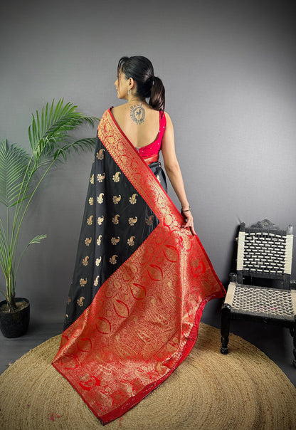 Elora Black Soft Silk Woven Butta Weaving Banarasi With Heavy Zari Border