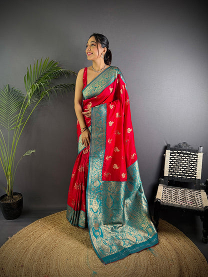Elora Red Soft Silk Woven Butta Weaving Banarasi With Heavy Zari Border