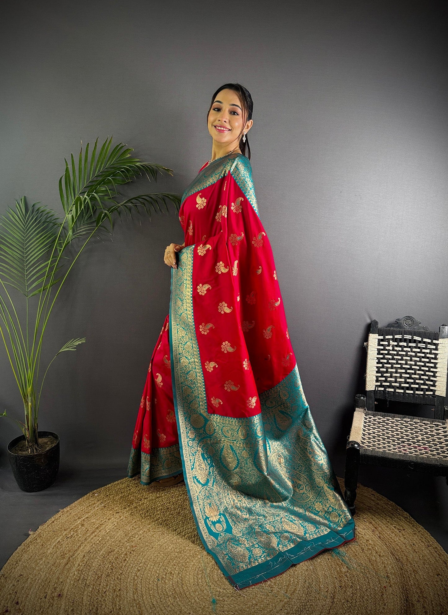 Elora Red Soft Silk Woven Butta Weaving Banarasi With Heavy Zari Border