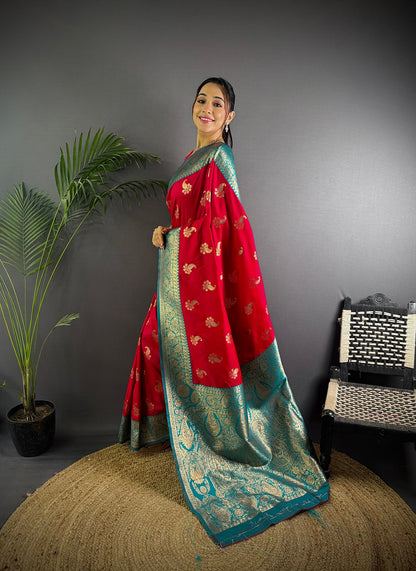 Elora Red Soft Silk Woven Butta Weaving Banarasi With Heavy Zari Border