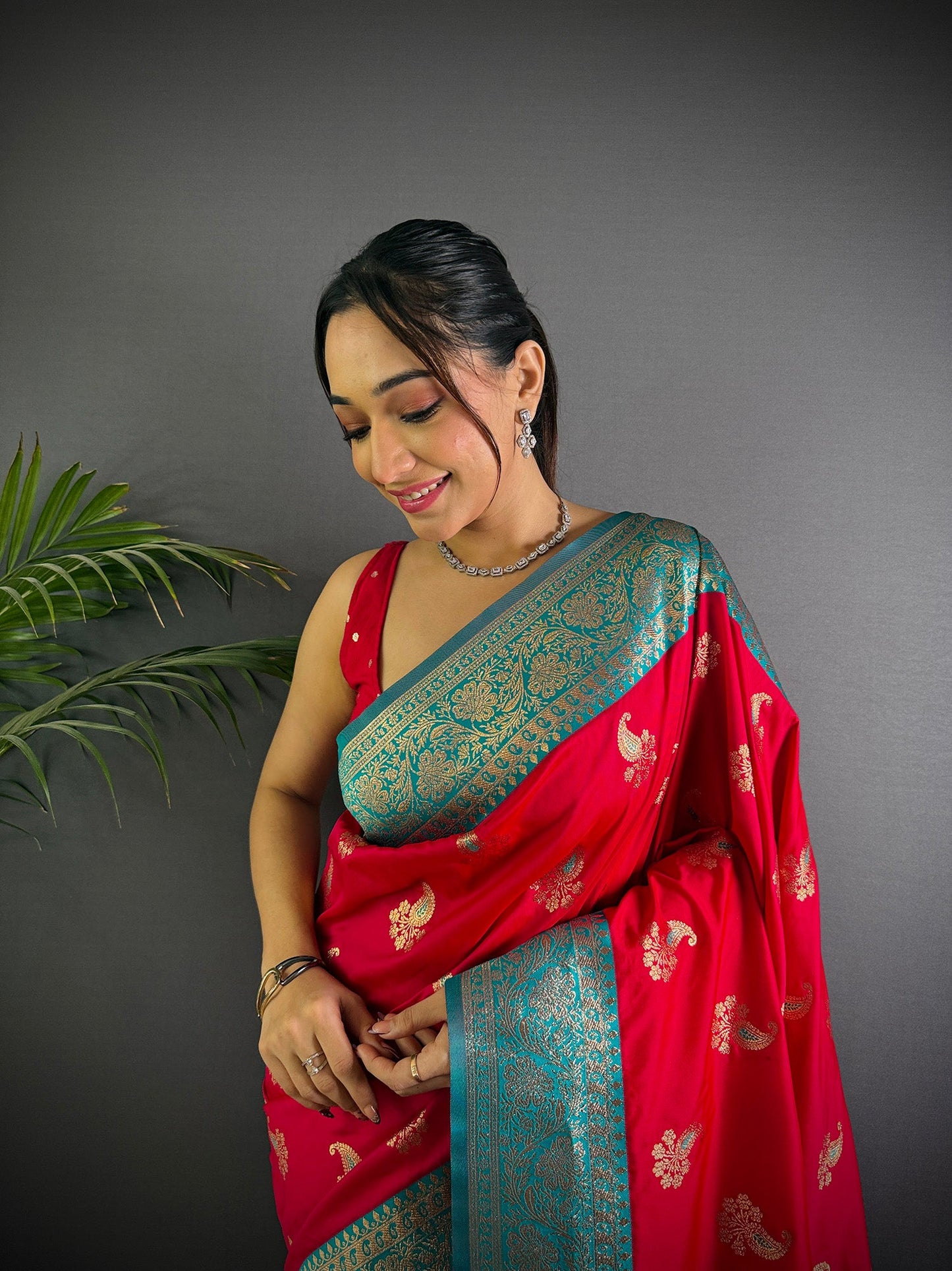 Elora Red Soft Silk Woven Butta Weaving Banarasi With Heavy Zari Border