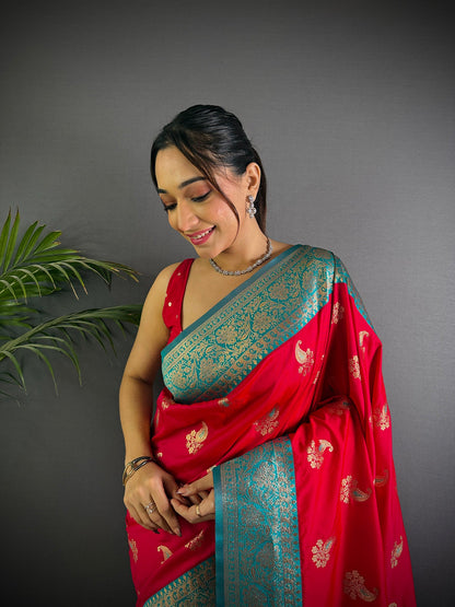 Elora Red Soft Silk Woven Butta Weaving Banarasi With Heavy Zari Border