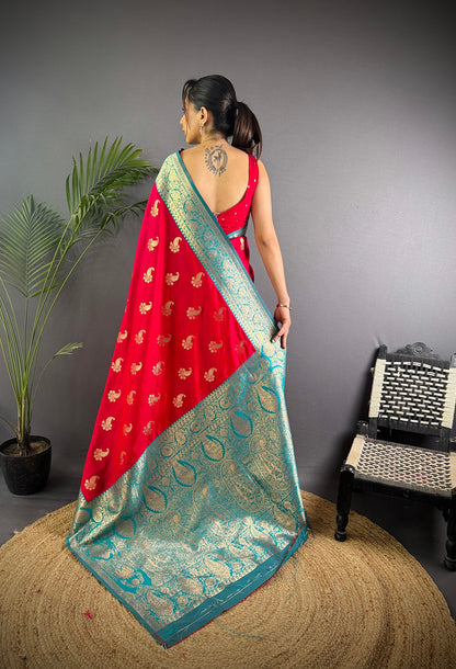 Elora Red Soft Silk Woven Butta Weaving Banarasi With Heavy Zari Border