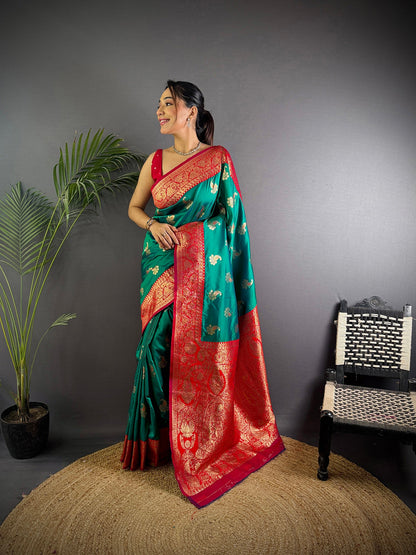 Elora Green Soft Silk Woven Butta Weaving Banarasi With Heavy Zari Border