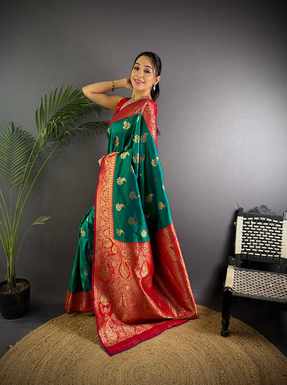 Elora Green Soft Silk Woven Butta Weaving Banarasi With Heavy Zari Border