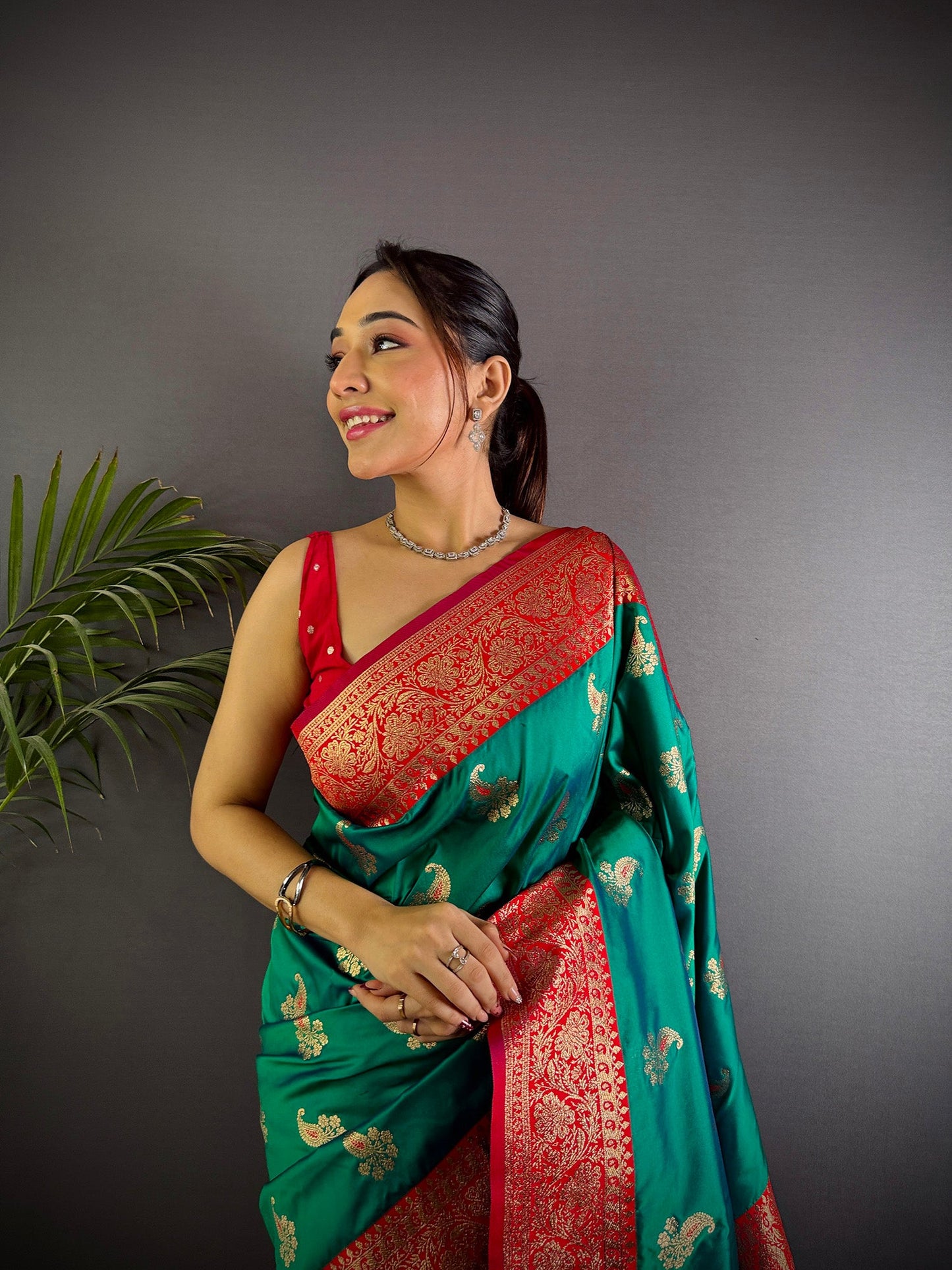 Elora Green Soft Silk Woven Butta Weaving Banarasi With Heavy Zari Border