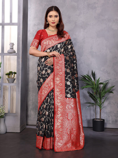Elora Black Soft Silk Zari Zaal Weaving Banarasi With Contrast Blouse