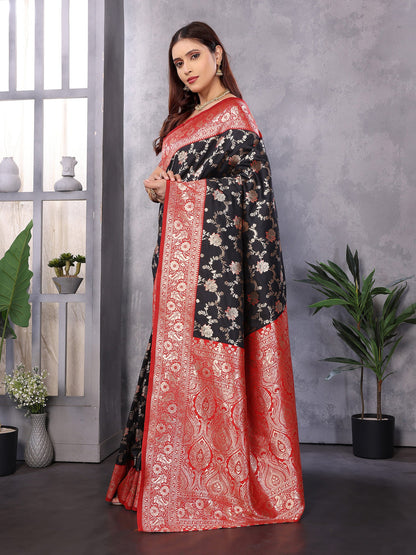 Elora Black Soft Silk Zari Zaal Weaving Banarasi With Contrast Blouse