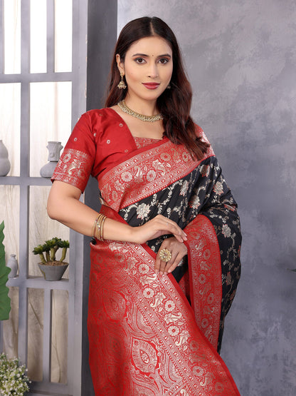 Elora Black Soft Silk Zari Zaal Weaving Banarasi With Contrast Blouse