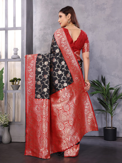 Elora Black Soft Silk Zari Zaal Weaving Banarasi With Contrast Blouse