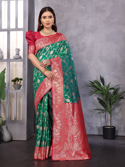 Elora Green Soft Silk Zari Zaal Weaving Banarasi With Contrast Blouse