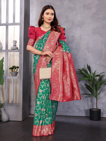 Elora Green Soft Silk Zari Zaal Weaving Banarasi With Contrast Blouse