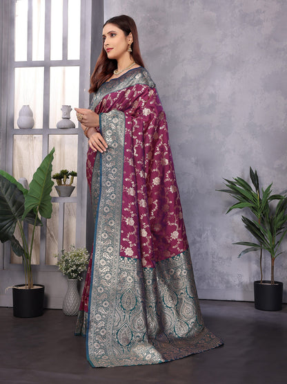 Elora Magenta Soft Silk Zari Zaal Weaving Banarasi With Contrast Blouse