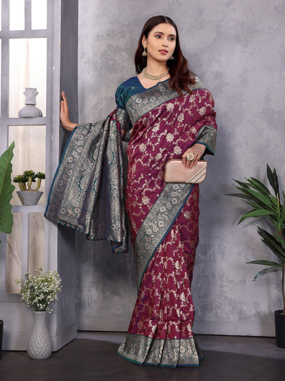 Elora Magenta Soft Silk Zari Zaal Weaving Banarasi With Contrast Blouse