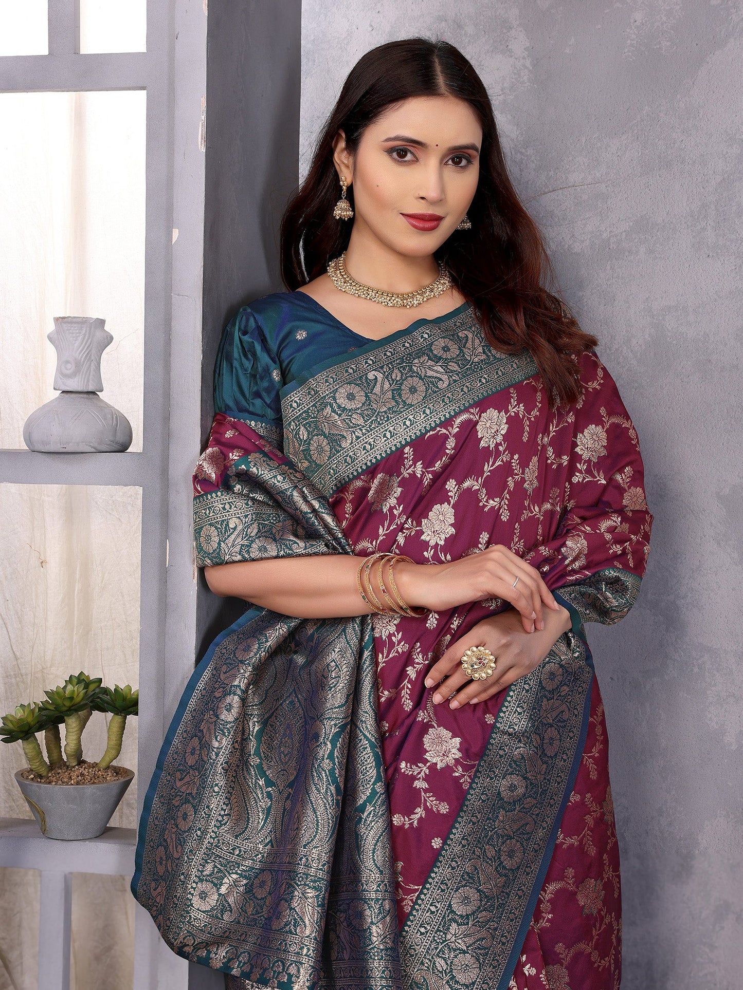 Elora Magenta Soft Silk Zari Zaal Weaving Banarasi With Contrast Blouse